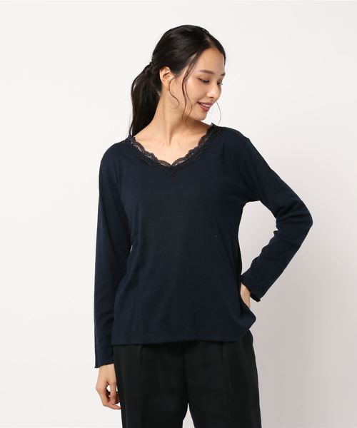 BELLUNA PLUS(ベルーナ)の「テレコ素材レース使いプルオーバー(Tシャツ/カットソー・レディース・ブラック/ネイビー/オフホワイト/マジェンタ/ブルー/グリーン/杢グレー/ラベンダー/コーラル・MEDIUM/LARGE/X-LARGE/XXX-LARGE/XXXX-LARGE/XX-LARGE)」の16枚目の写真