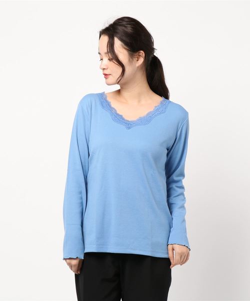 BELLUNA PLUS(ベルーナ)の「テレコ素材レース使いプルオーバー(Tシャツ/カットソー・レディース・ブラック/ネイビー/オフホワイト/マジェンタ/ブルー/グリーン/杢グレー/ラベンダー/コーラル・MEDIUM/LARGE/X-LARGE/XXX-LARGE/XXXX-LARGE/XX-LARGE)」の17枚目の写真