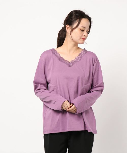 BELLUNA PLUS(ベルーナ)の「テレコ素材レース使いプルオーバー(Tシャツ/カットソー・レディース・ブラック/ネイビー/オフホワイト/マジェンタ/ブルー/グリーン/杢グレー/ラベンダー/コーラル・MEDIUM/LARGE/X-LARGE/XXX-LARGE/XXXX-LARGE/XX-LARGE)」の19枚目の写真