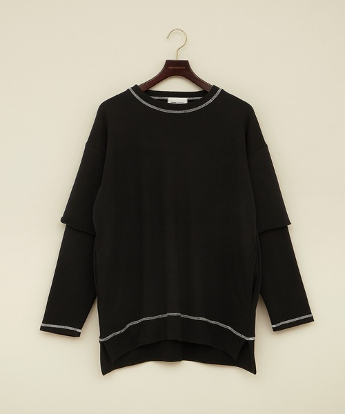 EMMA CLOTHES（エマクローズ）の「ビッグシルエット杉綾裏毛レイヤードステッチデザインプルオーバースウェット(EMMA CLOTHES)（スウェット・メンズ・パープル系その他/グレイッシュベージュ/ダークグレー/ブラック・M/L）」の2枚目の写真