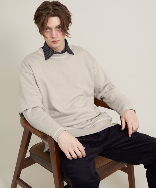 EMMA CLOTHES（エマクローズ）の「ビッグシルエット杉綾裏毛レイヤードステッチデザインプルオーバースウェット(EMMA CLOTHES)（スウェット・メンズ・パープル系その他/グレイッシュベージュ/ダークグレー/ブラック・M/L）」の13枚目の写真