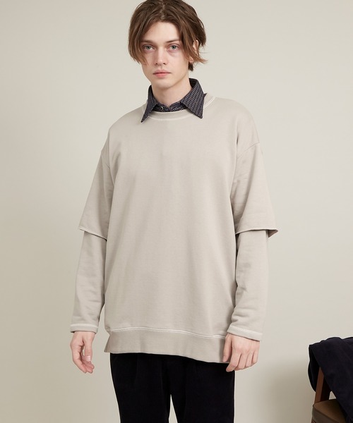 EMMA CLOTHES（エマクローズ）の「ビッグシルエット杉綾裏毛レイヤードステッチデザインプルオーバースウェット(EMMA CLOTHES)（スウェット・メンズ・パープル系その他/グレイッシュベージュ/ダークグレー/ブラック・M/L）」の15枚目の写真