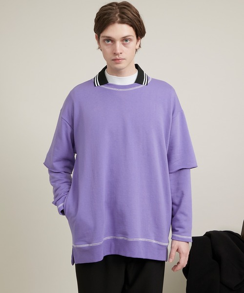 EMMA CLOTHES（エマクローズ）の「ビッグシルエット杉綾裏毛レイヤードステッチデザインプルオーバースウェット(EMMA CLOTHES)（スウェット・メンズ・パープル系その他/グレイッシュベージュ/ダークグレー/ブラック・M/L）」の17枚目の写真