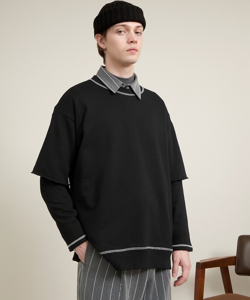 EMMA CLOTHES（エマクローズ）の「ビッグシルエット杉綾裏毛レイヤードステッチデザインプルオーバースウェット(EMMA CLOTHES)（スウェット・メンズ・パープル系その他/グレイッシュベージュ/ダークグレー/ブラック・M/L）」の6枚目の写真