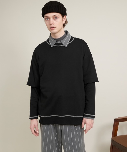 EMMA CLOTHES（エマクローズ）の「ビッグシルエット杉綾裏毛レイヤードステッチデザインプルオーバースウェット(EMMA CLOTHES)（スウェット・メンズ・パープル系その他/グレイッシュベージュ/ダークグレー/ブラック・M/L）」の8枚目の写真