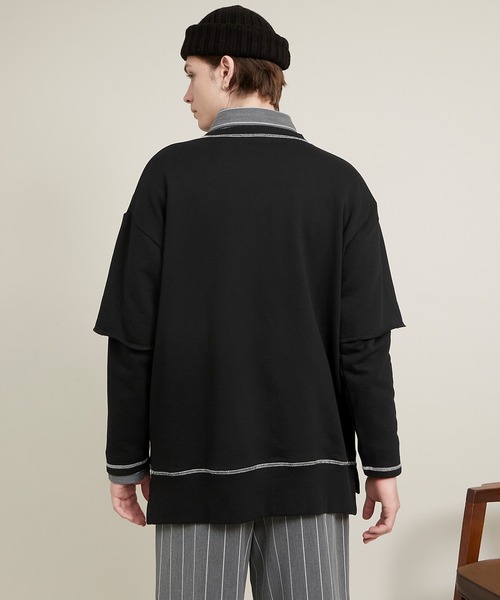 EMMA CLOTHES（エマクローズ）の「ビッグシルエット杉綾裏毛レイヤードステッチデザインプルオーバースウェット(EMMA CLOTHES)（スウェット・メンズ・パープル系その他/グレイッシュベージュ/ダークグレー/ブラック・M/L）」の9枚目の写真