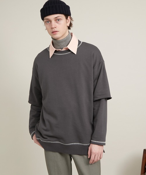 EMMA CLOTHES（エマクローズ）の「ビッグシルエット杉綾裏毛レイヤードステッチデザインプルオーバースウェット(EMMA CLOTHES)（スウェット・メンズ・パープル系その他/グレイッシュベージュ/ダークグレー/ブラック・M/L）」の10枚目の写真