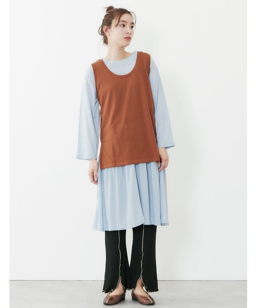 POU DOU DOU（プードゥドゥ）の「ベスト×シアーチュニックレイヤードセット（ワンピース・レディース・オフホワイト/キャメル/ブルー・3）」の10枚目の写真