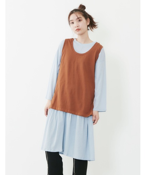POU DOU DOU（プードゥドゥ）の「ベスト×シアーチュニックレイヤードセット（ワンピース・レディース・オフホワイト/キャメル/ブルー・3）」の4枚目の写真
