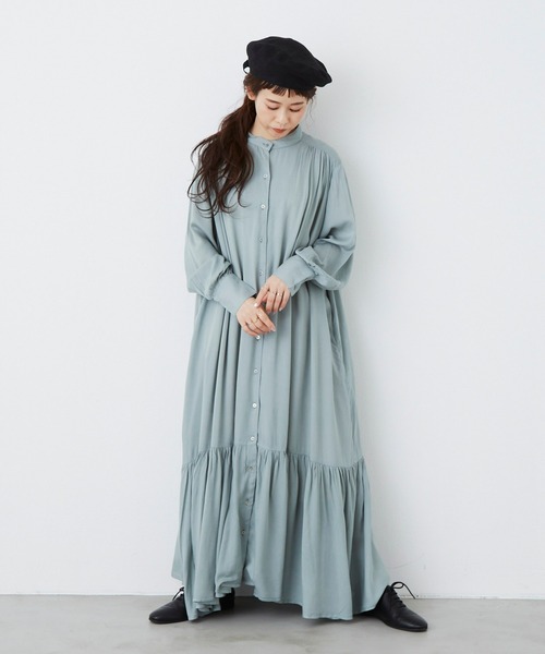 Libra Cue(リブラ キュー)の「バンドカラーエアリーティアードワンピース(ワンピース・レディース・ブラック/ベージュ/グリーン・FREE)」の3枚目の写真