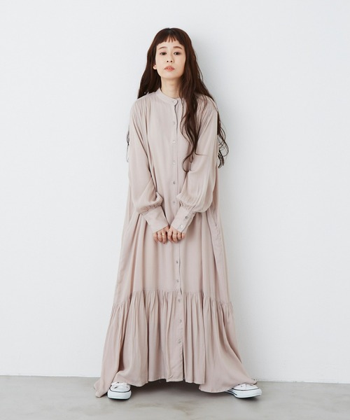 Libra Cue(リブラ キュー)の「バンドカラーエアリーティアードワンピース(ワンピース・レディース・ブラック/ベージュ/グリーン・FREE)」の11枚目の写真
