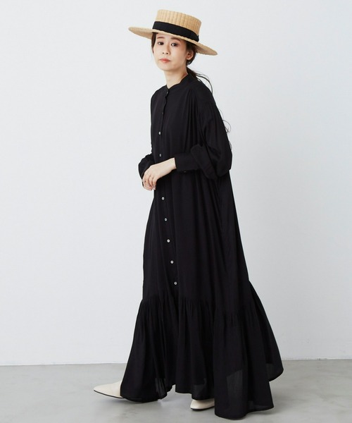 Libra Cue(リブラ キュー)の「バンドカラーエアリーティアードワンピース(ワンピース・レディース・ブラック/ベージュ/グリーン・FREE)」の17枚目の写真