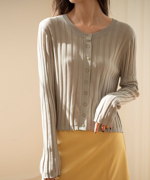 太めリブ編みクルーネックサマーニットカーディガン