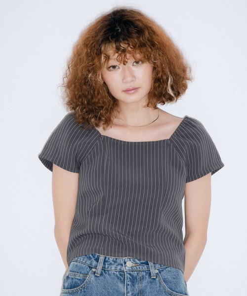 X-girl(エックスガール)の「STRIPED TOP(シャツ/ブラウス・レディース・ブラウン/グレー・M/S)」の10枚目の写真