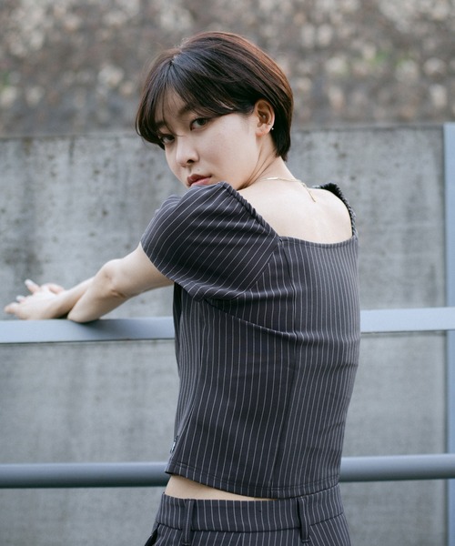 X-girl(エックスガール)の「STRIPED TOP(シャツ/ブラウス・レディース・ブラウン/グレー・M/S)」の4枚目の写真