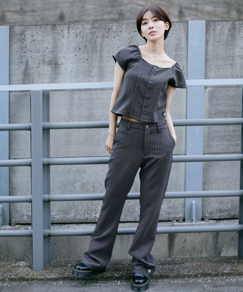 X-girl(エックスガール)の「STRIPED TOP(シャツ/ブラウス・レディース・ブラウン/グレー・M/S)」の5枚目の写真
