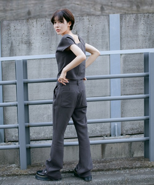 X-girl(エックスガール)の「STRIPED TOP(シャツ/ブラウス・レディース・ブラウン/グレー・M/S)」の6枚目の写真