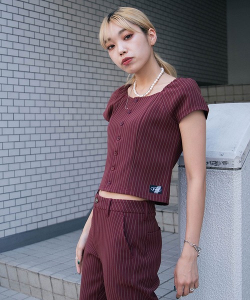 X-girl(エックスガール)の「STRIPED TOP(シャツ/ブラウス・レディース・ブラウン/グレー・M/S)」の21枚目の写真