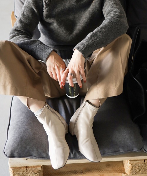 生活防水。レイン仕様スクエアトゥローヒールショートレインブーツ