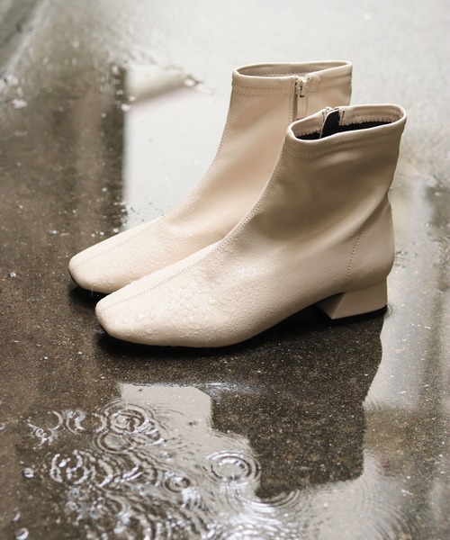 生活防水。レイン仕様スクエアトゥローヒールショートレインブーツ