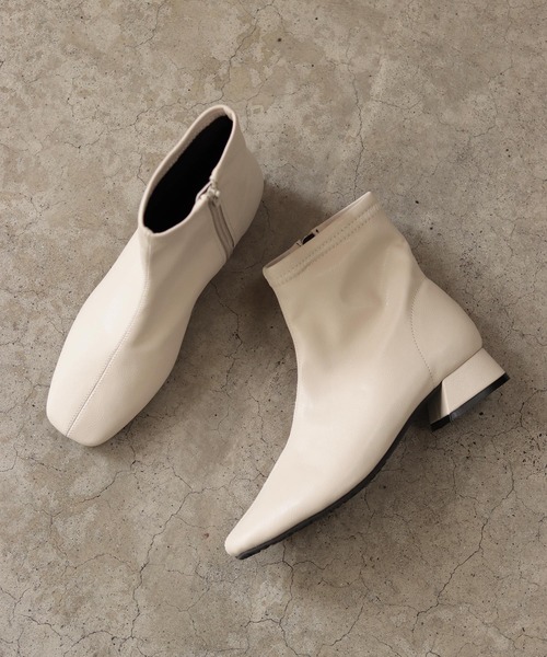 生活防水。レイン仕様スクエアトゥローヒールショートレインブーツ