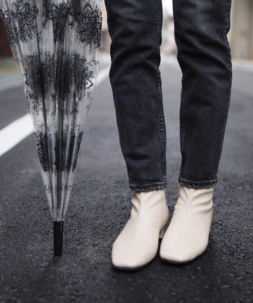 生活防水。レイン仕様スクエアトゥローヒールショートレインブーツ