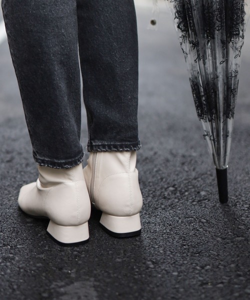 生活防水。レイン仕様スクエアトゥローヒールショートレインブーツ