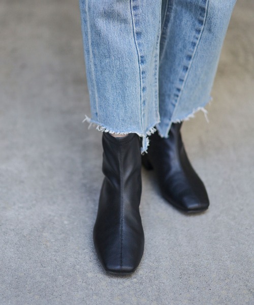 生活防水。レイン仕様スクエアトゥローヒールショートレインブーツ