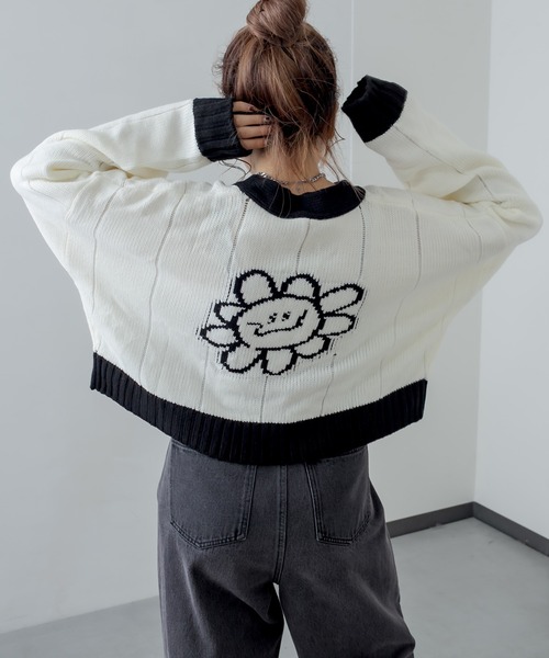 RASVOA（ラスボア）の「デイジー？ニットカーデ（カーディガン/ボレロ・レディース・ブラック/オフホワイト・FREE）」の2枚目の写真