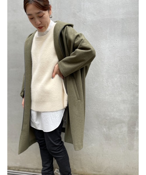 美品 ビアズリー ビッグシルエット フードコート ジップ ウールライク カーキ 美品 ビアズリー ビッグシルエット フードコート ジップ ウールライク