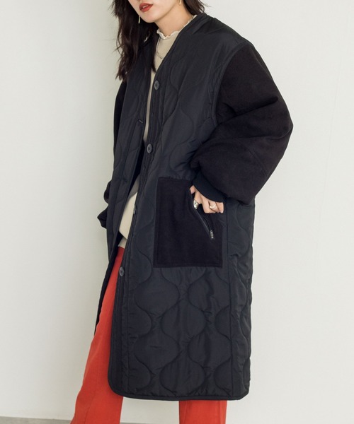 w closet(ダブルクローゼット)の「ひょうたんキルティングロングコート(ノーカラージャケット・レディース・ブラック/カーキ/アイボリー・FREE)」の3枚目の写真