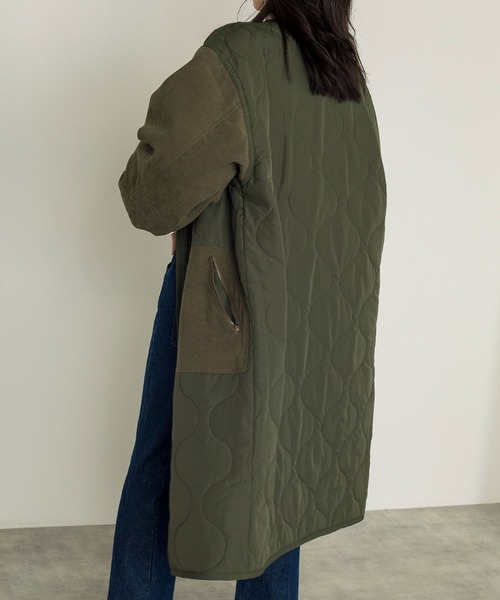 w closet(ダブルクローゼット)の「ひょうたんキルティングロングコート(ノーカラージャケット・レディース・ブラック/カーキ/アイボリー・FREE)」の16枚目の写真