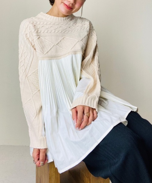 DOLLUPOOPS(ドールアップウップス)の「ケーブル×プリーツプルオーバー(ニット/セーター・レディース・カーキ/ホワイト/グレー/ブラック・38)」の2枚目の写真