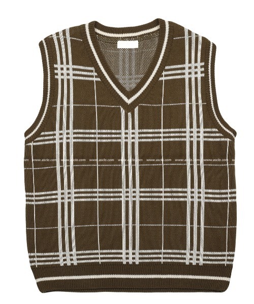 ASCLO（エジュクロ）の「ASCLO グリッドチェックVネックニットベスト（ベスト・メンズ・オリーブ・FREE）」の11枚目の写真