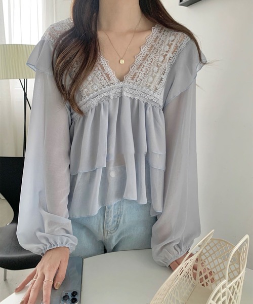 me+em select(ミームセレクト)の「シアーシフォンフリルレースショートブラウス(シャツ/ブラウス・レディース・ベージュ/ブルー/グリーン/アイボリー・FREE)」の2枚目の写真