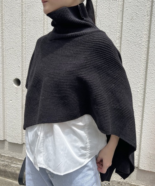 セール】タートルネックアシンメトリーニットポンチョ（ニット