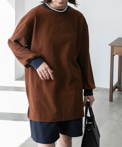 BONLECILL(ボンルシール)の「マイクロフリース 配色ミニボーダーリンガーオーバーロンT(Tシャツ/カットソー・レディース・ピンク/グリーン/ブラック/ブラウン・FREE)」の1枚目の写真