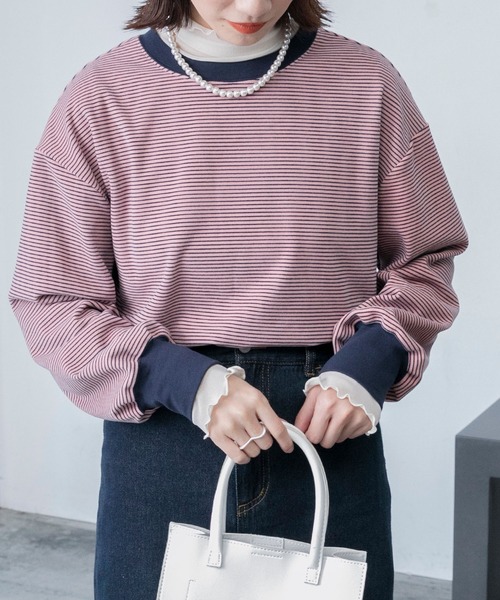 BONLECILL(ボンルシール)の「マイクロフリース 配色ミニボーダーリンガーオーバーロンT(Tシャツ/カットソー・レディース・ピンク/グリーン/ブラック/ブラウン・FREE)」の4枚目の写真