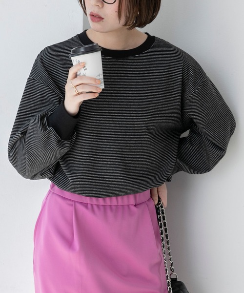 BONLECILL(ボンルシール)の「マイクロフリース 配色ミニボーダーリンガーオーバーロンT(Tシャツ/カットソー・レディース・ピンク/グリーン/ブラック/ブラウン・FREE)」の2枚目の写真