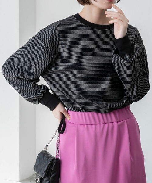 BONLECILL(ボンルシール)の「マイクロフリース 配色ミニボーダーリンガーオーバーロンT(Tシャツ/カットソー・レディース・ピンク/グリーン/ブラック/ブラウン・FREE)」の7枚目の写真