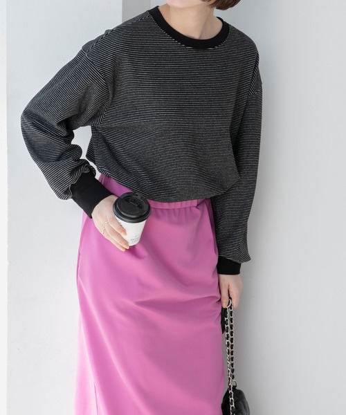 BONLECILL(ボンルシール)の「マイクロフリース 配色ミニボーダーリンガーオーバーロンT(Tシャツ/カットソー・レディース・ピンク/グリーン/ブラック/ブラウン・FREE)」の8枚目の写真