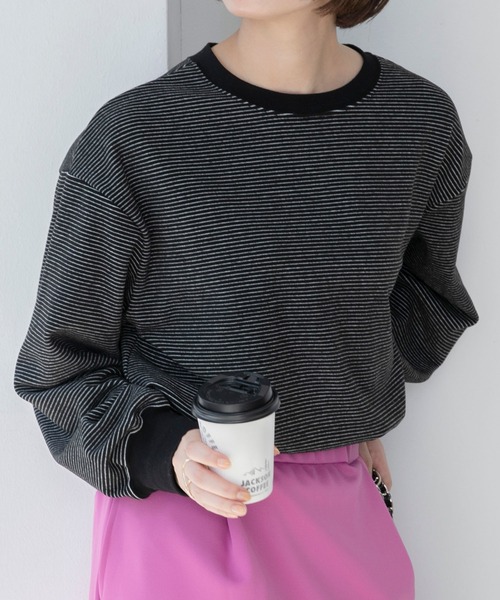 BONLECILL(ボンルシール)の「マイクロフリース 配色ミニボーダーリンガーオーバーロンT(Tシャツ/カットソー・レディース・ピンク/グリーン/ブラック/ブラウン・FREE)」の16枚目の写真