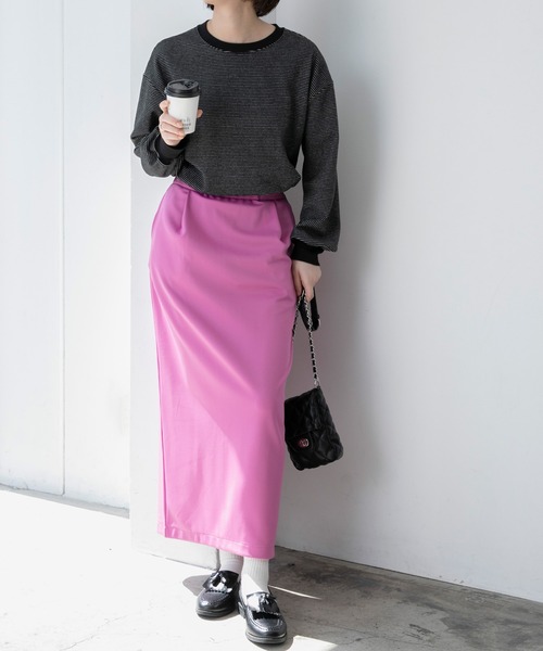 BONLECILL(ボンルシール)の「マイクロフリース 配色ミニボーダーリンガーオーバーロンT(Tシャツ/カットソー・レディース・ピンク/グリーン/ブラック/ブラウン・FREE)」の17枚目の写真