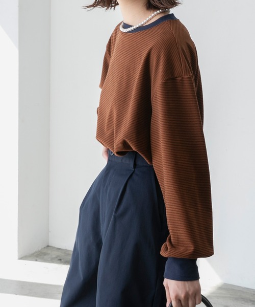 BONLECILL(ボンルシール)の「マイクロフリース 配色ミニボーダーリンガーオーバーロンT(Tシャツ/カットソー・レディース・ピンク/グリーン/ブラック/ブラウン・FREE)」の22枚目の写真