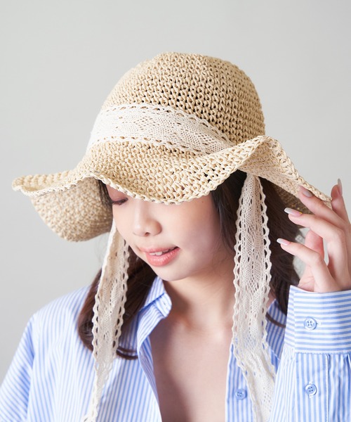 SPINNS（スピンズ）の「レースリボン付 つば広ペーパーハット（ハット・レディース・ベージュ/ライトベージュ・ONESIZE）」の8枚目の写真