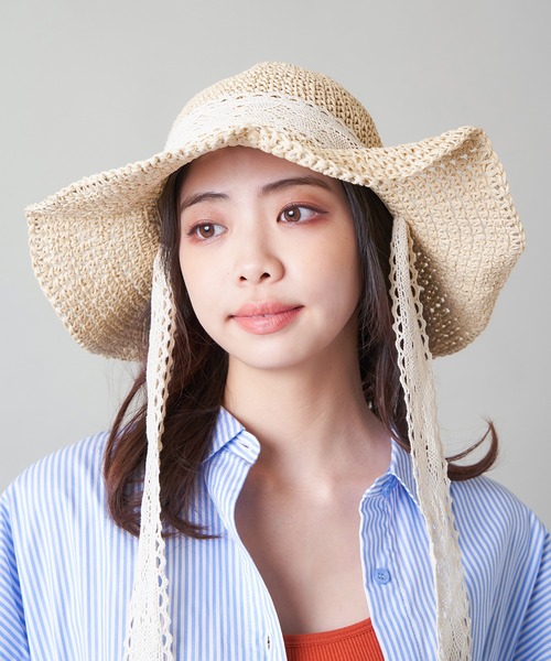 SPINNS（スピンズ）の「レースリボン付 つば広ペーパーハット（ハット・レディース・ベージュ/ライトベージュ・ONESIZE）」の10枚目の写真