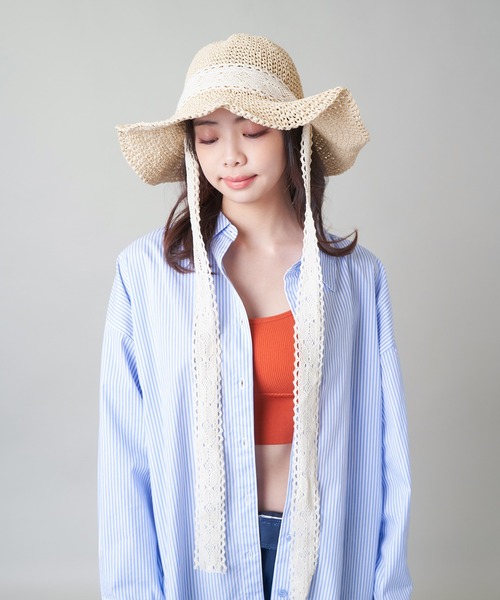 SPINNS（スピンズ）の「レースリボン付 つば広ペーパーハット（ハット・レディース・ベージュ/ライトベージュ・ONESIZE）」の11枚目の写真