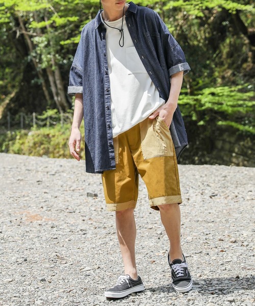 n'OrLABEL（ノアールレーベル）の「『配色異素材ハーフパンツ』（その他パンツ・メンズ・キャメル/ブラック・M/L/XL）」の4枚目の写真