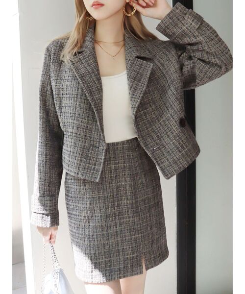 EVRIS（エヴリス）の「ツイードミニスカート【セットアップ着用可能】（スカート・レディース・ブラック/ブルー/カーキ・SMALL/MEDIUM）」の14枚目の写真