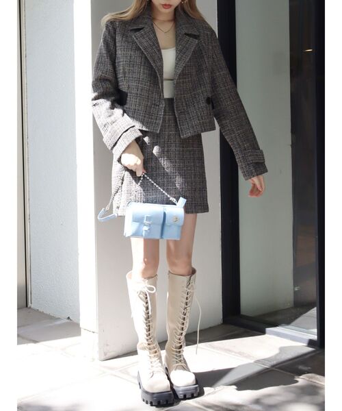 EVRIS（エヴリス）の「ツイードミニスカート【セットアップ着用可能】（スカート・レディース・ブラック/ブルー/カーキ・SMALL/MEDIUM）」の16枚目の写真